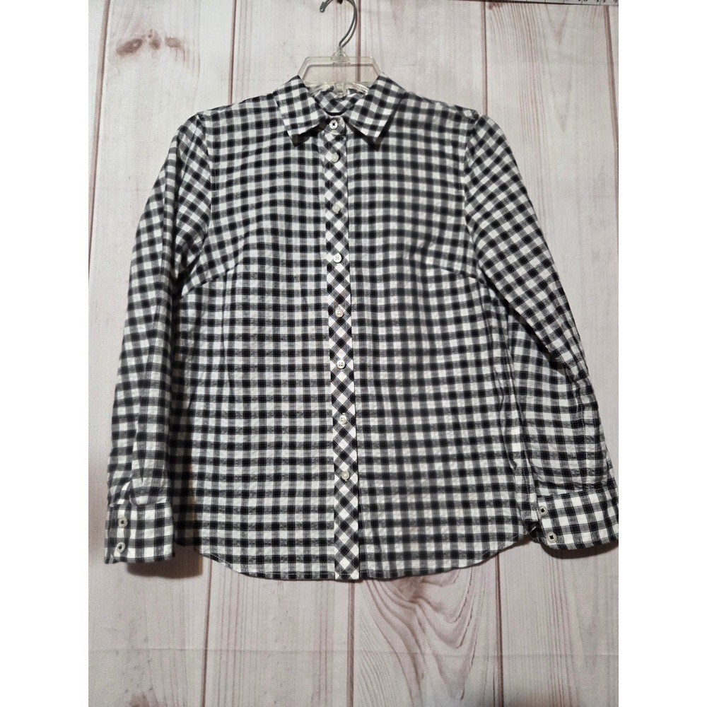 Talbots Small Petite Black White Gingham Shimmer Button Down Shirt Long Sleeve